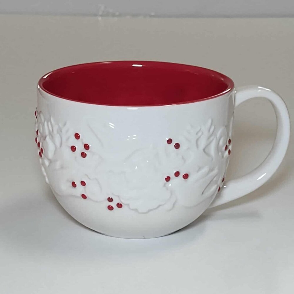 2008 Starbucks Christmas 12oz Coffee Mug White Red 'embossed' dove and holly